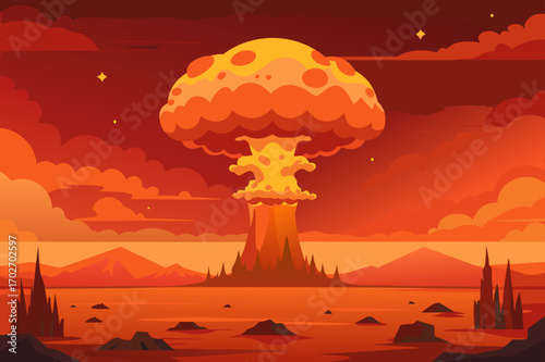 Vibrant mushroom cloud explosion over a barren landscape
