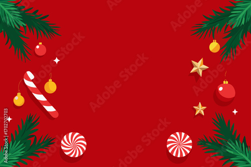 Festive christmas decorations on a red background with copy space