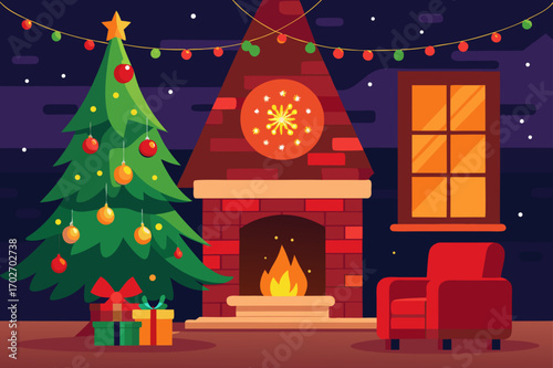 Cozy christmas scene with fireplace and decorated tree