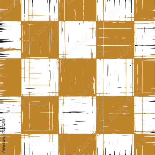Distressed golden yellow and white checkerboard pattern with textured brush strokes and grungy overlay