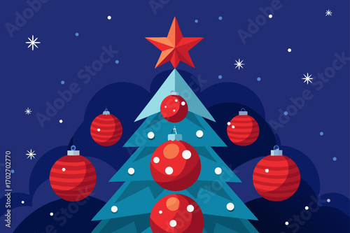 Festive blue christmas tree with red ornaments and star