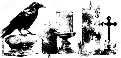 Gothic silhouette scene with candles, crow, and cross for dark art design