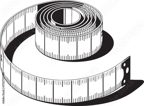 Rolled up measuring tape with visible markings and a shadow on a white background