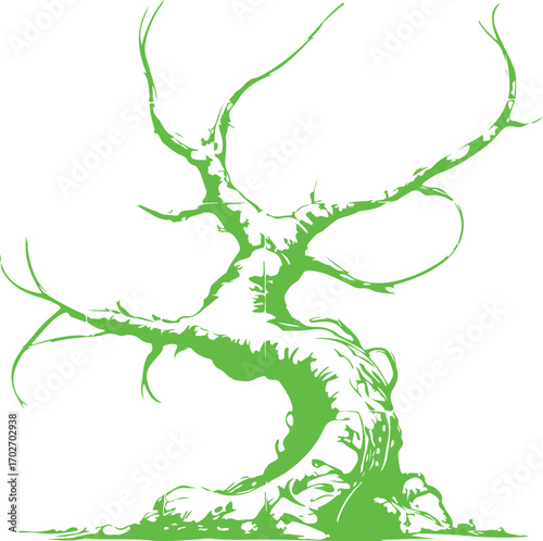 Abstract illustration of a gnarled thorny and twisting green vine or tree against a white background