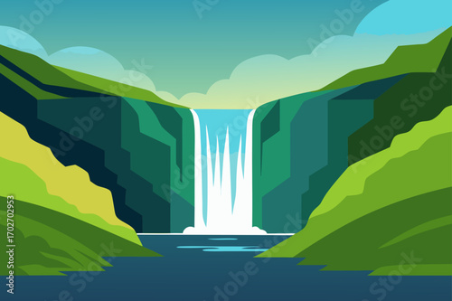 Vibrant flat design waterfall in a lush green canyon