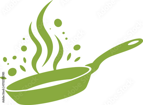 Green frying pan with wisps of steam and bubbles illustrating hot food preparation