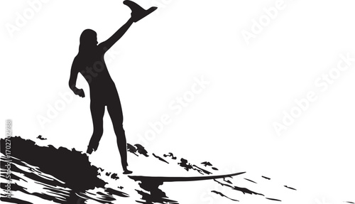 Black silhouette of a surfer riding a wave with one arm raised surfing ocean