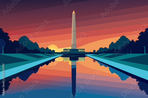 Washington monument reflection at sunset