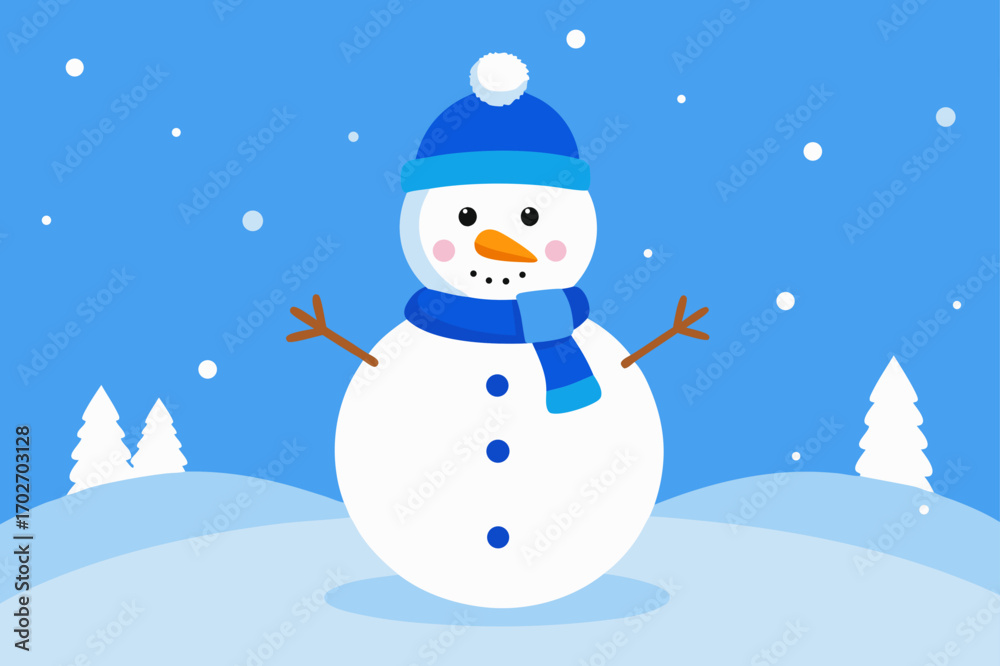 Fototapeta premium Cute snowman wearing a blue hat and scarf in a snowy landscape