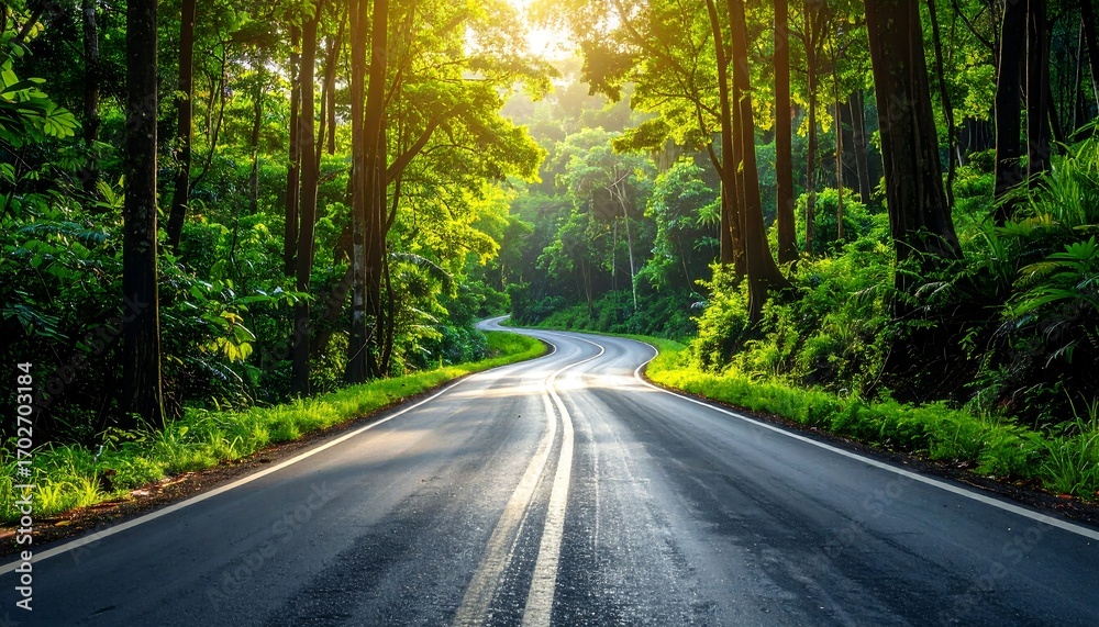 Fototapeta premium Scenic Road Through Lush Green Forest with Sunlight Filtering Through Trees.