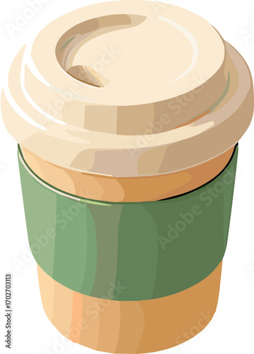 a takeaway coffee cup features a beige lid, brown cup, and green sleeve.
