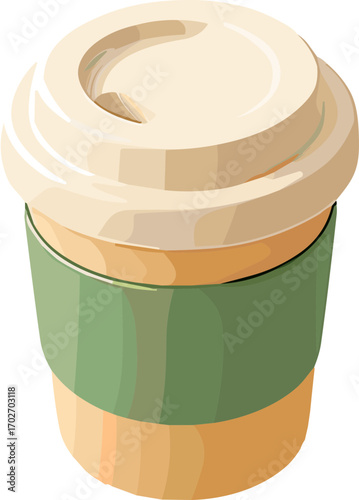 a takeaway coffee cup features a beige lid, brown cup, and green sleeve.