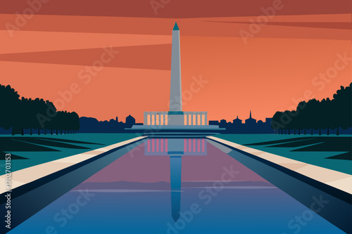 Washington monument and reflecting pool at sunset