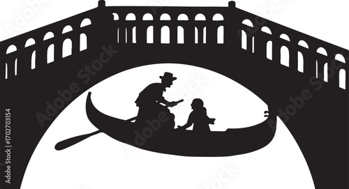 Black silhouette of gondola with two people under arched bridge boat