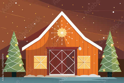 Cozy winter barn scene with christmas trees and snowfall