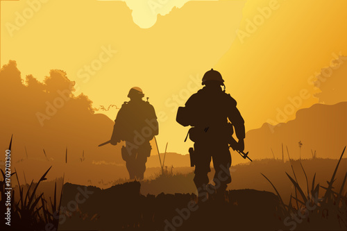 Two silhouetted soldiers marching through a golden sunset landscape