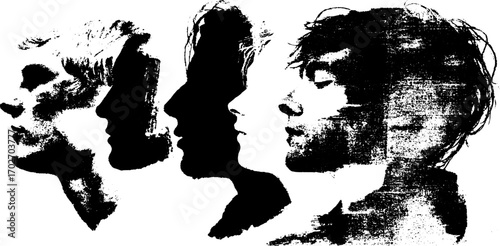 Black ink silhouette profile set with grunge background for urban art design
