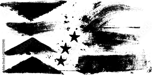 Black ink grunge chevrons and stars silhouette set for urban art design