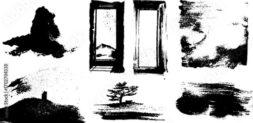Black ink silhouettes set with grunge frames and torn edges for artistic designs
