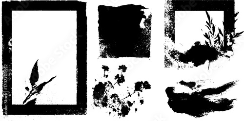 Black ink silhouette frames with grunge elements for artistic design
