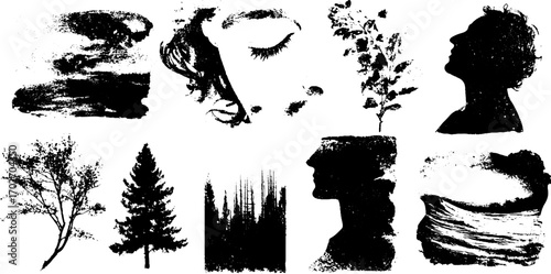 Abstract black ink silhouettes and grunge frames collection for creative design