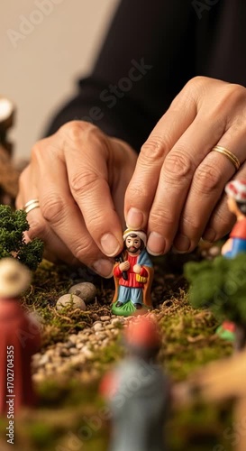 Close-up of Latin hand placing a small, handcrafted nativity figurine into a home belen scene