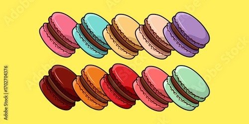 Collection Of Sweet Colorful Macaron Or Macaroon Soft Glossy Finish Chocolate Cream Filling Vector Illustration