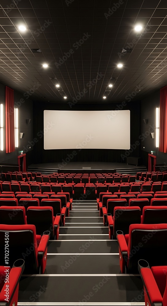 Obraz premium An empty theater auditorium, showcasing a large white projection screen and rows of red seats arranged in a tiered seating configuration.