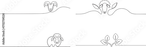Set of Ram goat head one continuous line art, Vector illustration, One line art, Line art graphic style