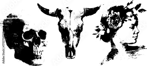Grunge skull silhouettes and woman in ink for urban art design