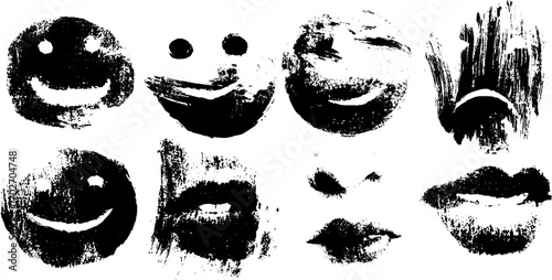 Grunge smileys set in black ink silhouette for urban art and design