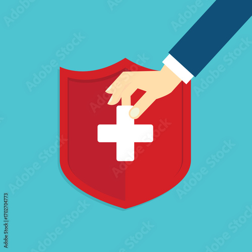 Medical healthcare insurance. Red shield on patient protection policy and pen. Medicine symbol. Vector illustration