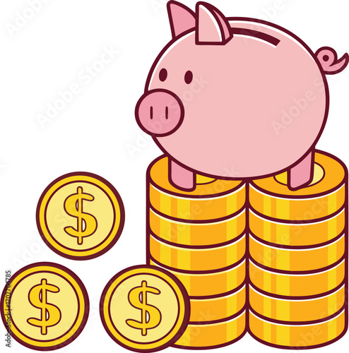 Vector art of a pink piggy bank sits on a stack of gold coins, with three more coins in front