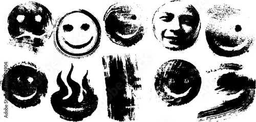 Grunge smileys in ink silhouette: expressive illustrations for urban art