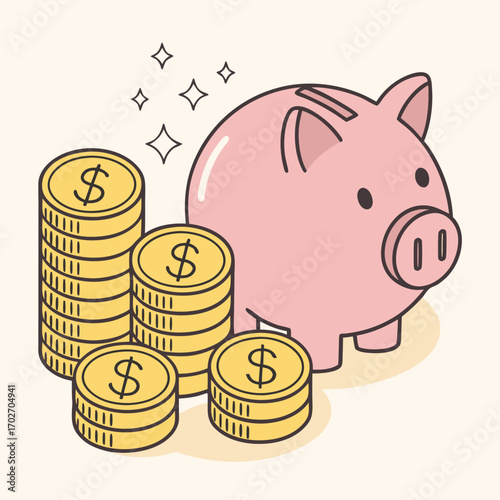 Vector art of a cute pink piggy bank with stacks of gold coins, symbolizing savings and financial growth, with sparkling stars