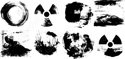 Black ink silhouette set of hazard icons and grunge paint strokes for creative design