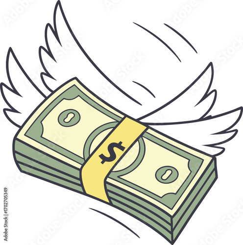 Vector art of a wad of cash with wings flying
