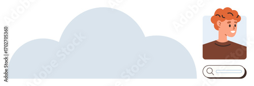 Cloud represents storage, user profile displays account holder, search bar signifies quick access. Ideal for cloud computing, apps, personalization, search functionality, tech solutions, user