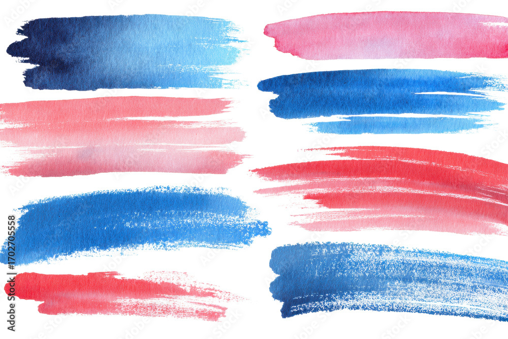 Fototapeta premium Blue red watercolor paint brush stroke line transparent PNG set bundle, isolated background. Creative brushes pattern art shape design