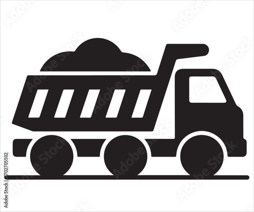 Dump truck silhouette carrying load isolated on white, construction and transport icon