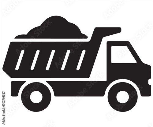Black silhouette of dump truck carrying load isolated on white background, vector illustration symbolizing construction, heavy vehicle, transport, mining, logistics, building, industry, and cargo equi