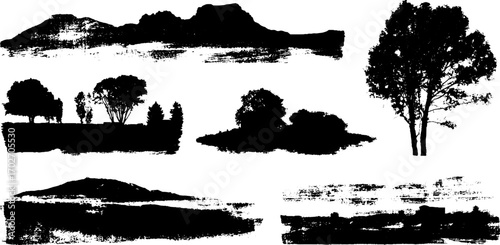 Black ink silhouette collection of horizon landscapes for design projects