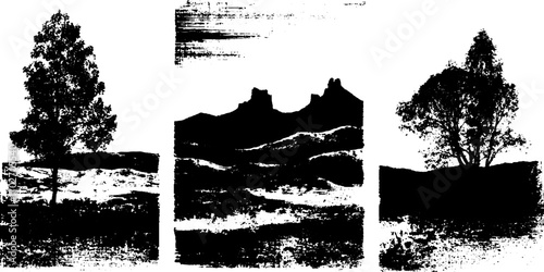 Black ink silhouette set featuring horizon landscapes and trees for artistic design