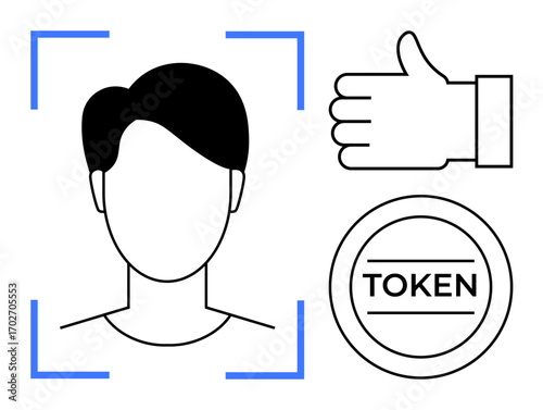 Minimalist design with a face inside a scanning frame, a thumbs-up symbol, and a token graphic. Ideal for identity verification, security access, authentication, technology, approval systems, digital
