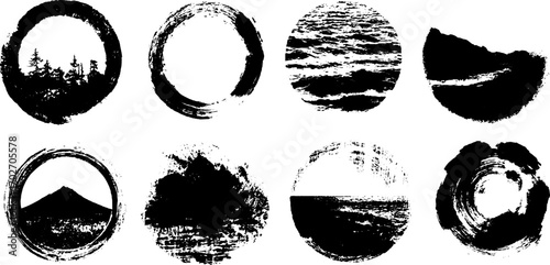 Collection of ink silhouette landscapes: forest and mountain horizons