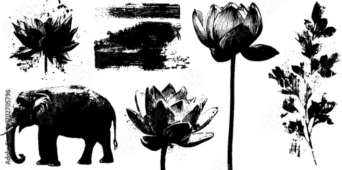 Indian cultural silhouettes: lotus, elephant, and floral designs in black ink art