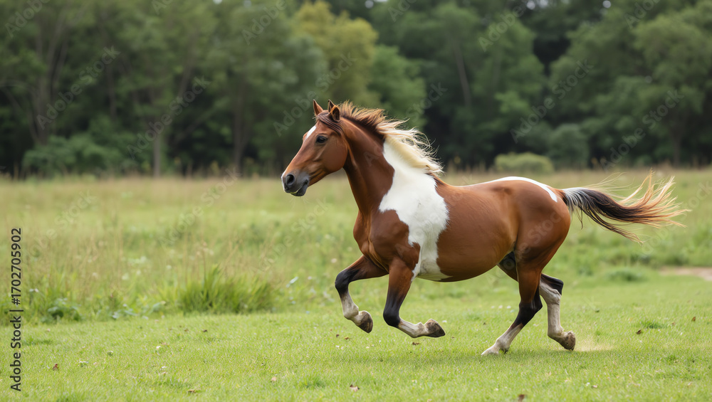 Fototapeta premium Horse galloping in green field, majestic animal running in nature, powerful stallion outdoors, countryside wildlife photography, freedom and strength concept, USA and Europe rural landscape horse scen