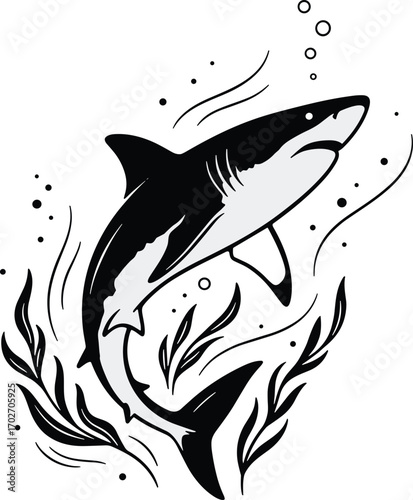 Dynamic illustration of a powerful shark leaping from the ocean, surrounded by aquatic plants and effervescent bubbles, capturing the raw energy of marine life