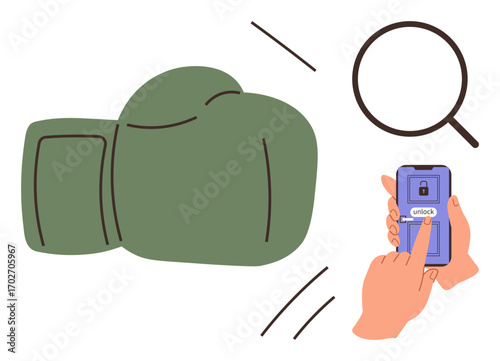 Green boxing glove in motion, magnifying glass, and hand unlocking smartphone, suggesting analysis, competition, and digital security. Ideal for sports, research, tech teamwork power protection