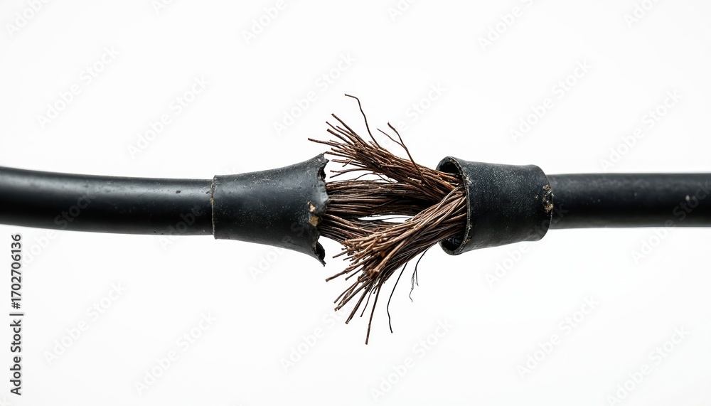 © Vadym - Macro shot of frayed black electrical cable with exposed copper wires against clean white background. Damage to insulation internal conductors, signifying technical fault need for repair, electrical © Vadym - Macro shot of frayed black electrical cable with exposed copper wires against clean white background. Damage to insulation internal conductors, signifying technical fault need for repair, electrical